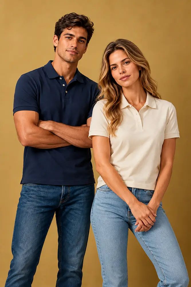 polos-personalizados-mandino-textil-1 Chico y chica rubia vistiendo polos personalizables de Mandino Textil