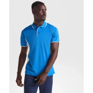 Polo Roly MONTMELO en azul royal y blanco, vista frontal con modelo