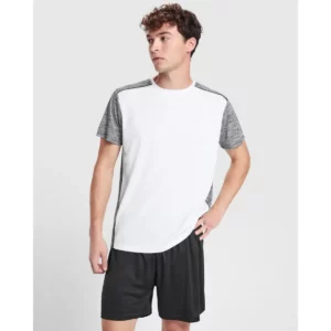 Camiseta Roly 6653 de manga corta en blanco y gris jaspeado, vista frontal sobre un modelo.