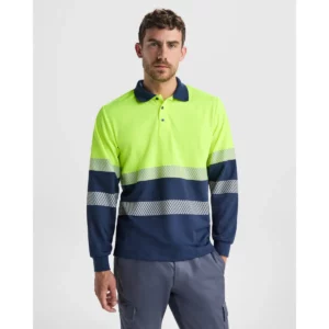 Polo Roly VEGA LS en azul marino y amarillo flúor de manga larga, vista frontal con modelo