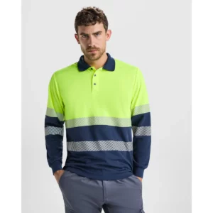 Polo Roly VEGA LS en azul marino y amarillo flúor de manga larga, vista frontal con modelo
