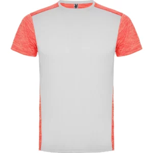 Camiseta técnica de manga corta para hombre Roly ZOLDER, color blanco/coral flúor vigoré