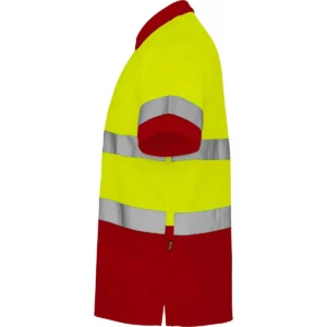 Polo Roly POLARIS en rojo laboral y amarillo flúor, vista lateral