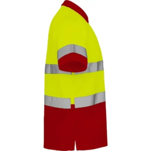 Polo Roly POLARIS en rojo laboral y amarillo flúor, vista lateral opuesta