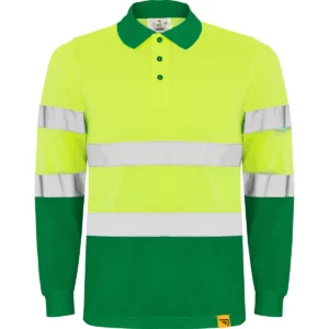 Polo Roly POLARIS L/S en verde jardín y amarillo flúor de manga larga, vista frontal