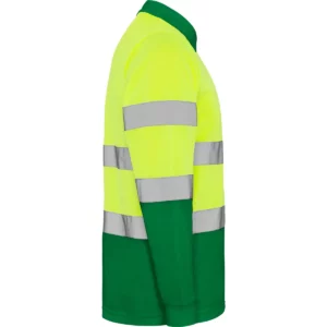 Polo Roly POLARIS L/S en verde jardín y amarillo flúor de manga larga, vista lateral opuesta