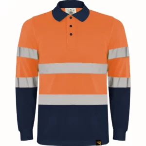 Polo Roly POLARIS L/S en azul marino y naranja flúor de manga larga, vista frontal