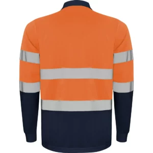 Polo Roly POLARIS L/S en azul marino y naranja flúor de manga larga, vista trasera