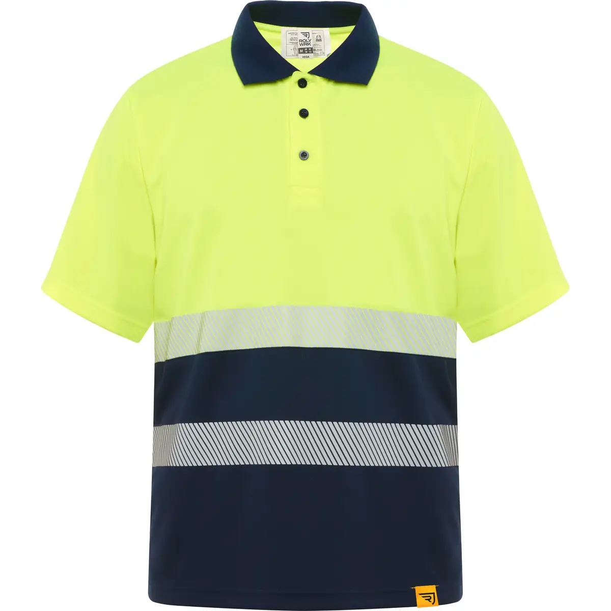 Polo alta visibilidad manga corta Roly VEGA 3 Polo Roly VEGA en azul marino y amarillo flúor, vista frontal