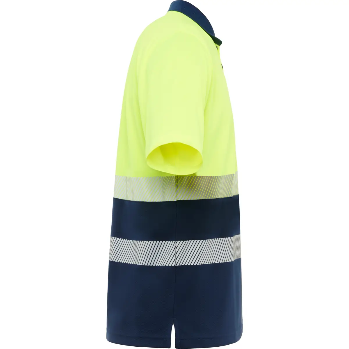 Polo alta visibilidad manga corta Roly VEGA 5 Polo Roly VEGA en azul marino y amarillo flúor, vista lateral opuesta