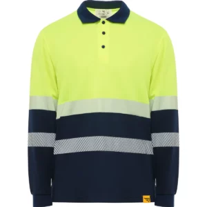 Polo Roly VEGA LS en azul marino y amarillo flúor de manga larga, vista frontal