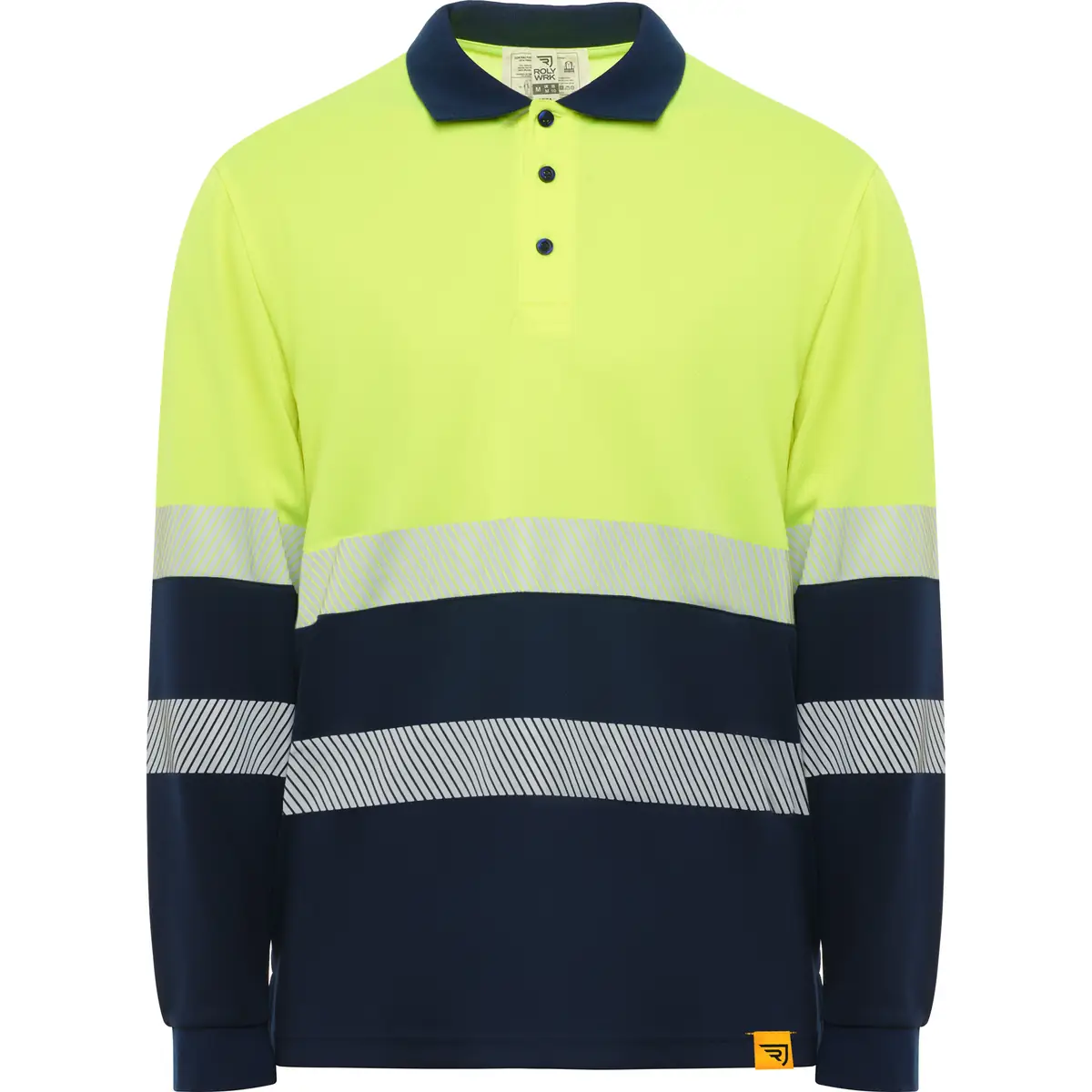 Polo alta visibilidad manga larga Roly VEGA LS 3 Polo Roly VEGA LS en azul marino y amarillo flúor de manga larga, vista frontal