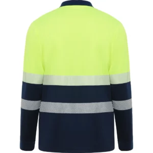 Polo Roly VEGA LS en azul marino y amarillo flúor de manga larga, vista trasera