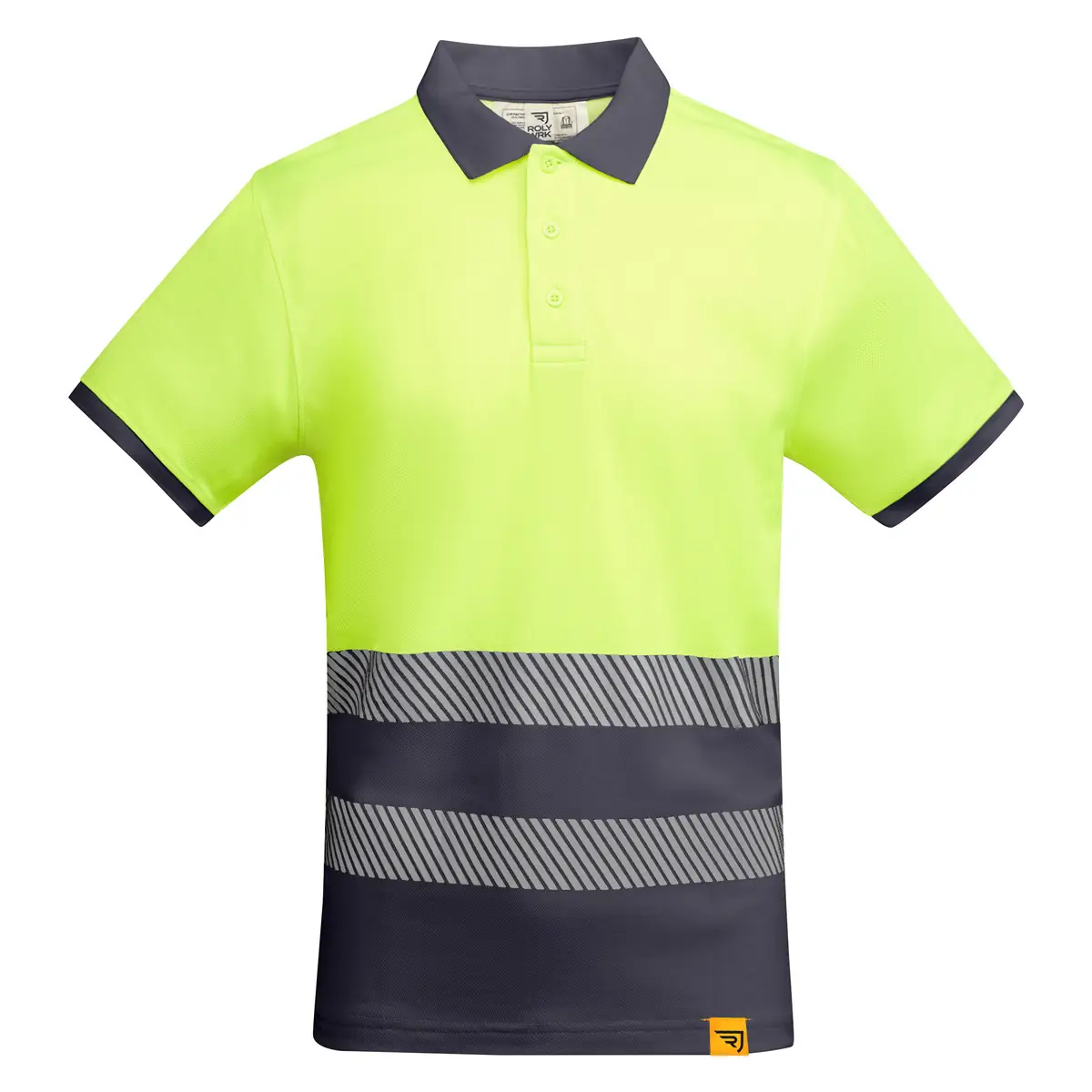 Polo alta visibilidad manga corta Roly ATRIO 12 Polo Roly ATRIO en plomo y amarillo flúor, vista frontal