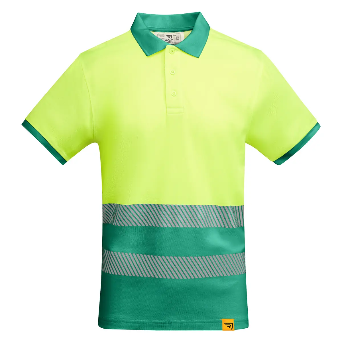 Polo alta visibilidad manga corta Roly ATRIO 16 Polo Roly ATRIO en verde jardín y amarillo flúor, vista frontal
