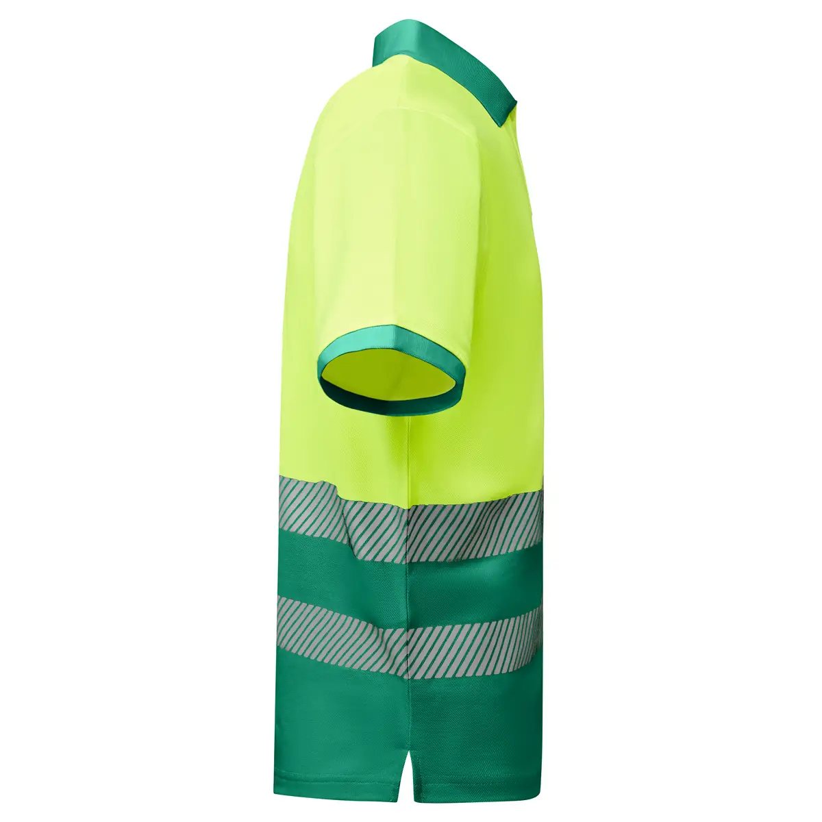 Polo alta visibilidad manga corta Roly ATRIO 18 Polo Roly ATRIO en verde jardín y amarillo flúor, vista lateral opuesta