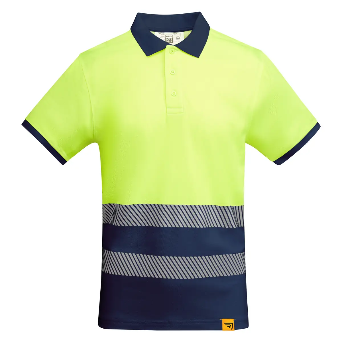 Polo alta visibilidad manga corta Roly ATRIO 20 Polo Roly ATRIO en azul marino y amarillo flúor, vista frontal