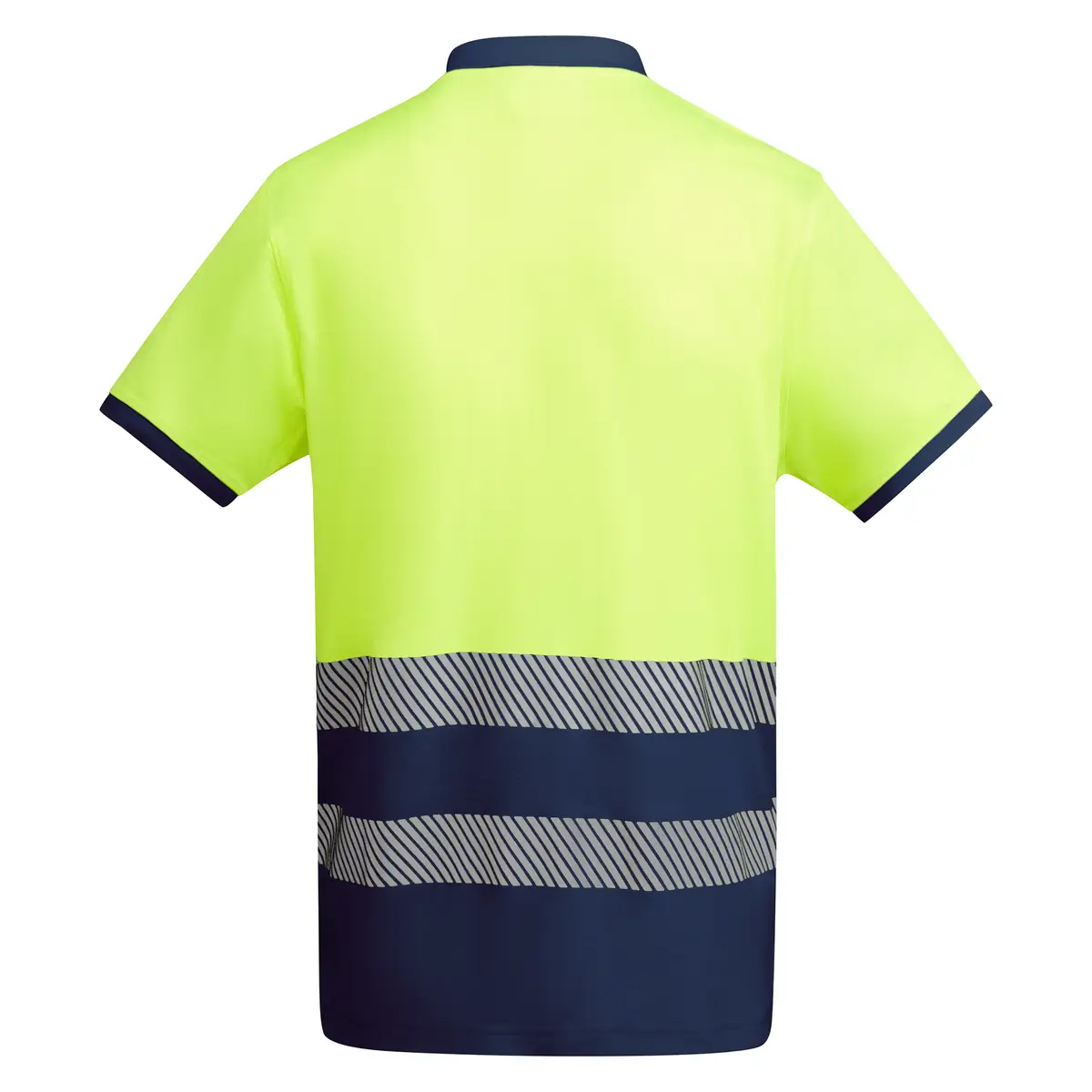 Polo alta visibilidad manga corta Roly ATRIO 23 Polo Roly ATRIO en azul marino y amarillo flúor, vista trasera