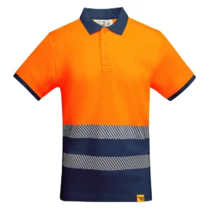 Polo Roly ATRIO en azul marino y naranja flúor, vista frontal