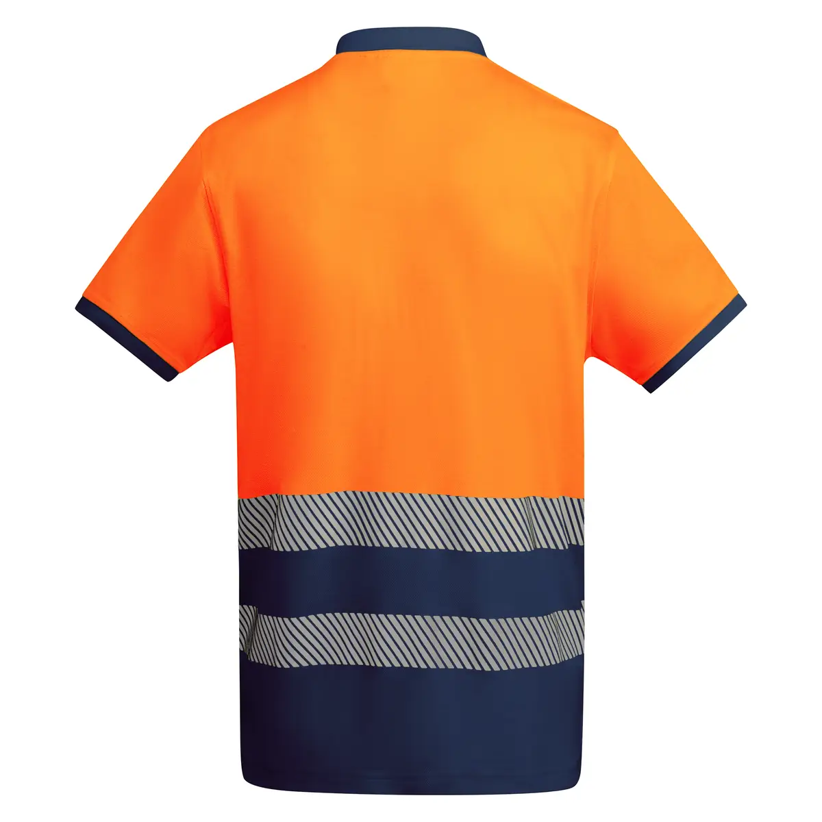 Polo alta visibilidad manga corta Roly ATRIO 27 Polo Roly ATRIO en azul marino y naranja flúor, vista trasera