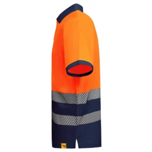 Polo Roly ATRIO en azul marino y naranja flúor, vista lateral