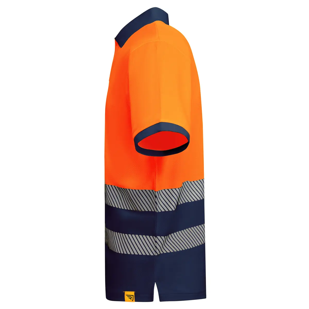 Polo alta visibilidad manga corta Roly ATRIO 25 Polo Roly ATRIO en azul marino y naranja flúor, vista lateral