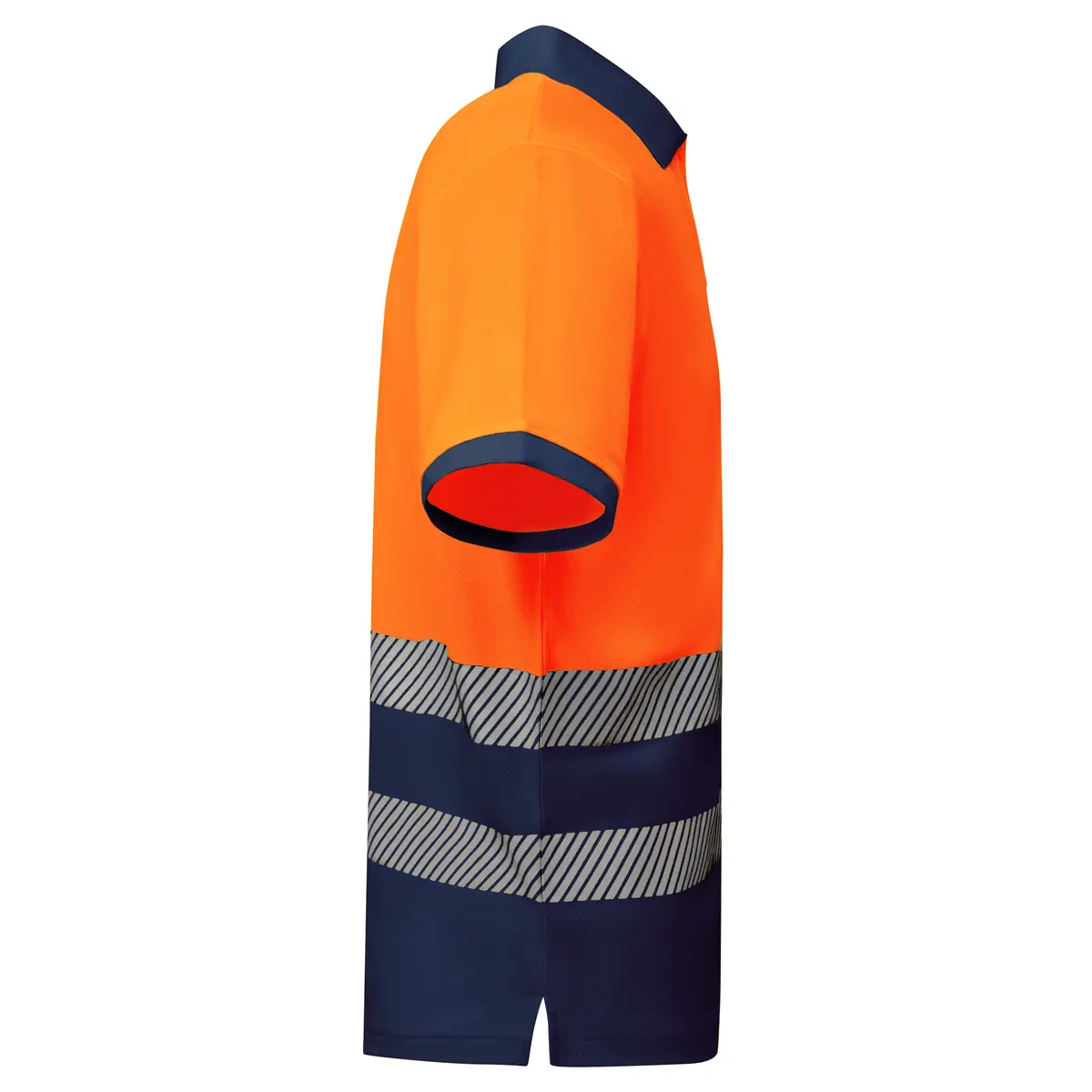 Polo alta visibilidad manga corta Roly ATRIO 26 Polo Roly ATRIO en azul marino y naranja flúor, vista lateral opuesta