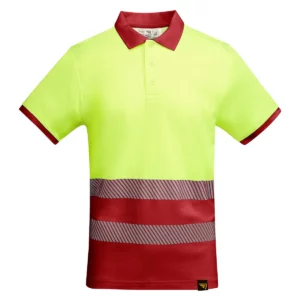 Polo Roly ATRIO en rojo laboral y amarillo flúor, vista frontal