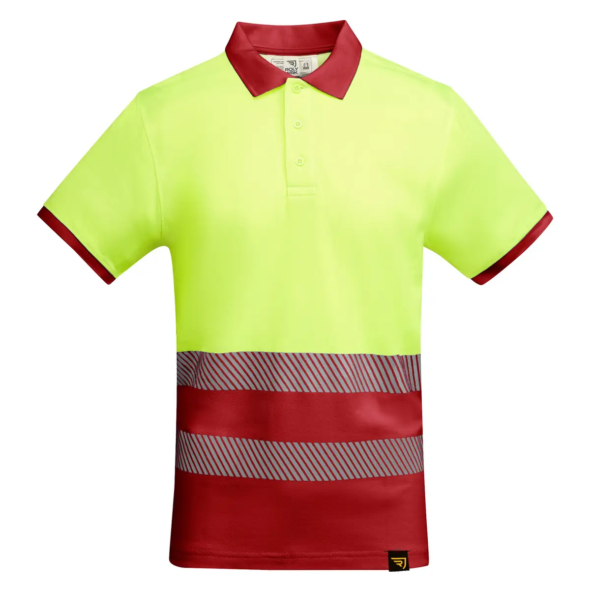 Polo alta visibilidad manga corta Roly ATRIO 28 Polo Roly ATRIO en rojo laboral y amarillo flúor, vista frontal