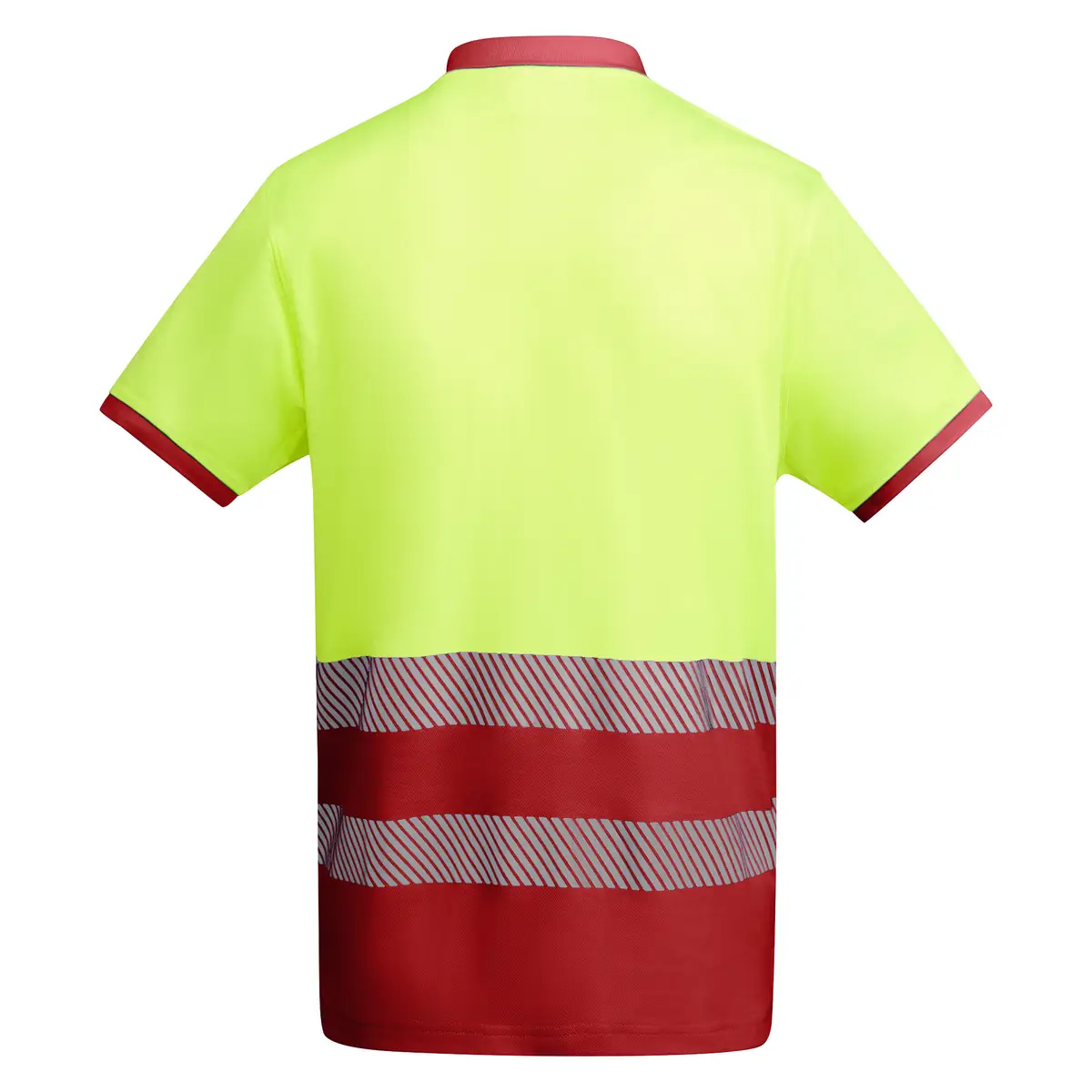 Polo alta visibilidad manga corta Roly ATRIO 31 Polo Roly ATRIO en rojo laboral y amarillo flúor, vista trasera