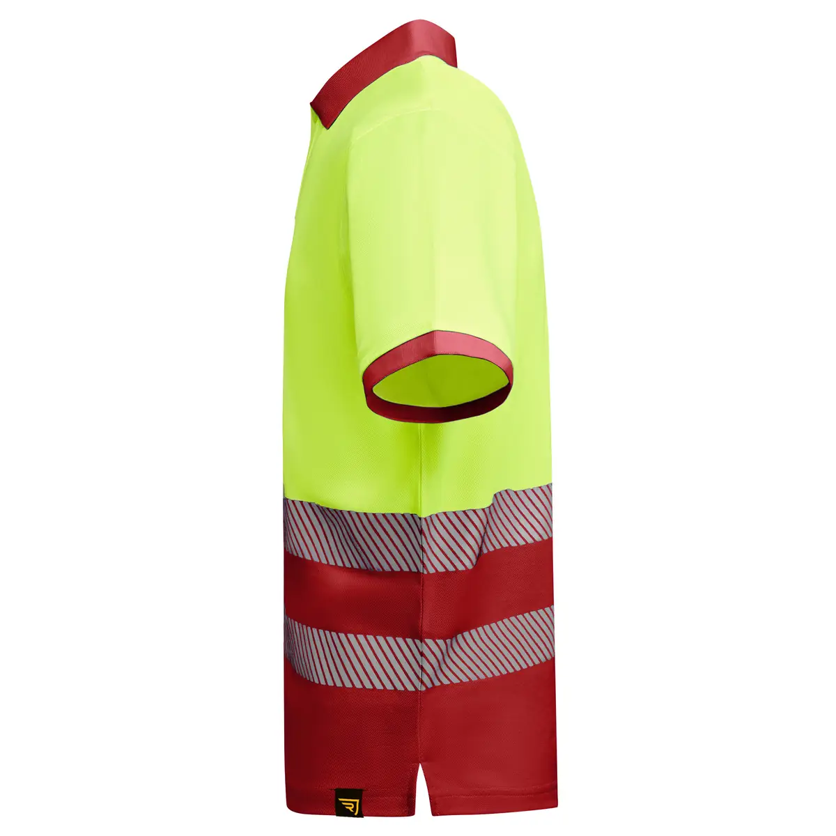 Polo alta visibilidad manga corta Roly ATRIO 29 Polo Roly ATRIO en rojo laboral y amarillo flúor, vista lateral