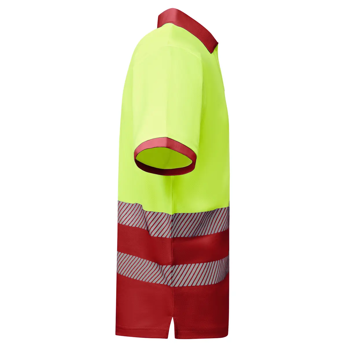 Polo alta visibilidad manga corta Roly ATRIO 30 Polo Roly ATRIO en rojo laboral y amarillo flúor, vista lateral opuesta