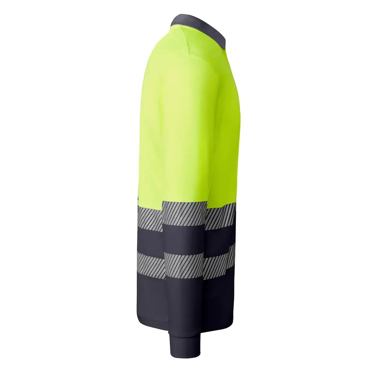 Polo alta visibilidad manga larga Roly ATRIO LS 15 Polo Roly ATRIO LS en plomo y amarillo flúor de manga larga, vista lateral opuesta