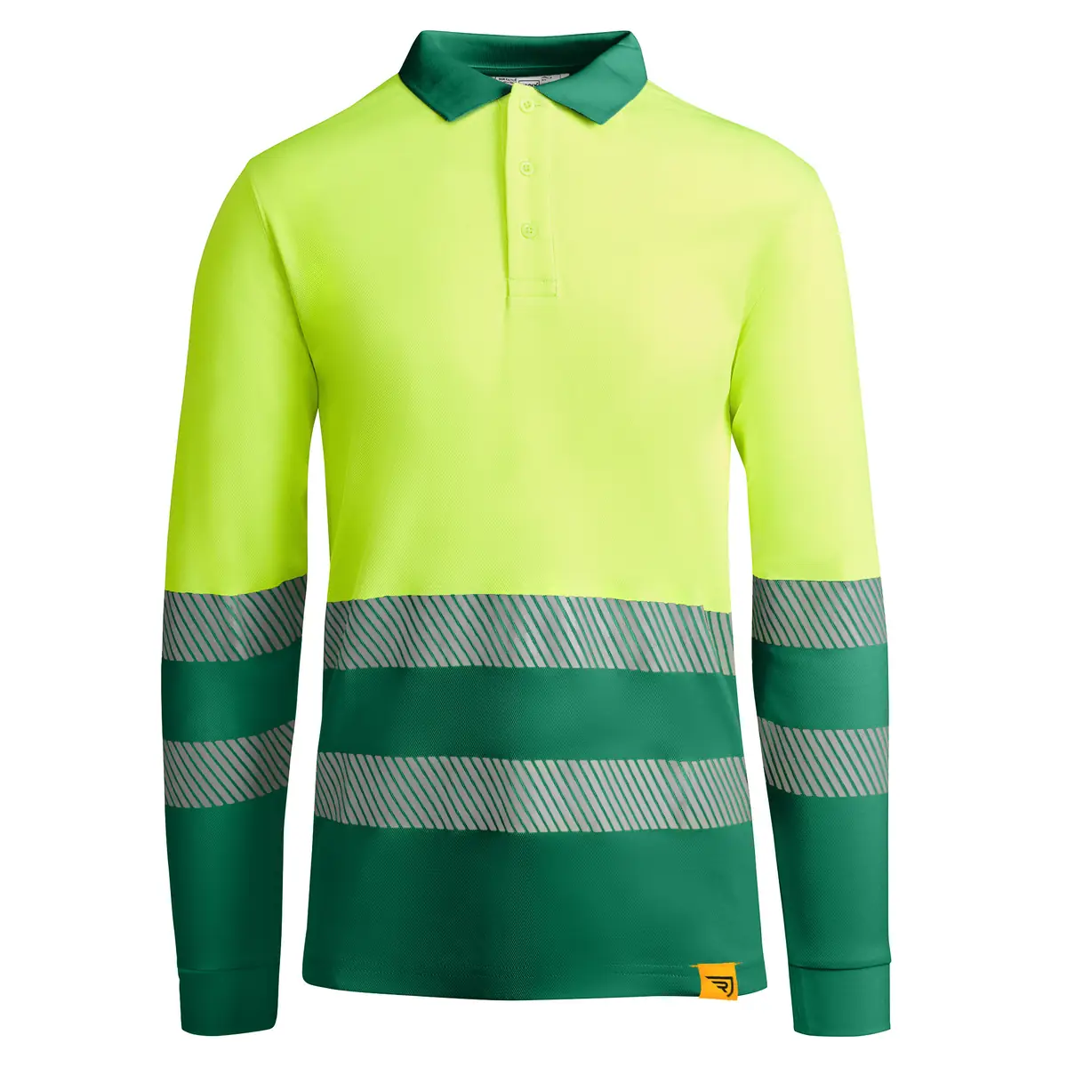 Polo alta visibilidad manga larga Roly ATRIO LS 17 Polo Roly ATRIO LS en verde jardín y amarillo flúor de manga larga, vista frontal