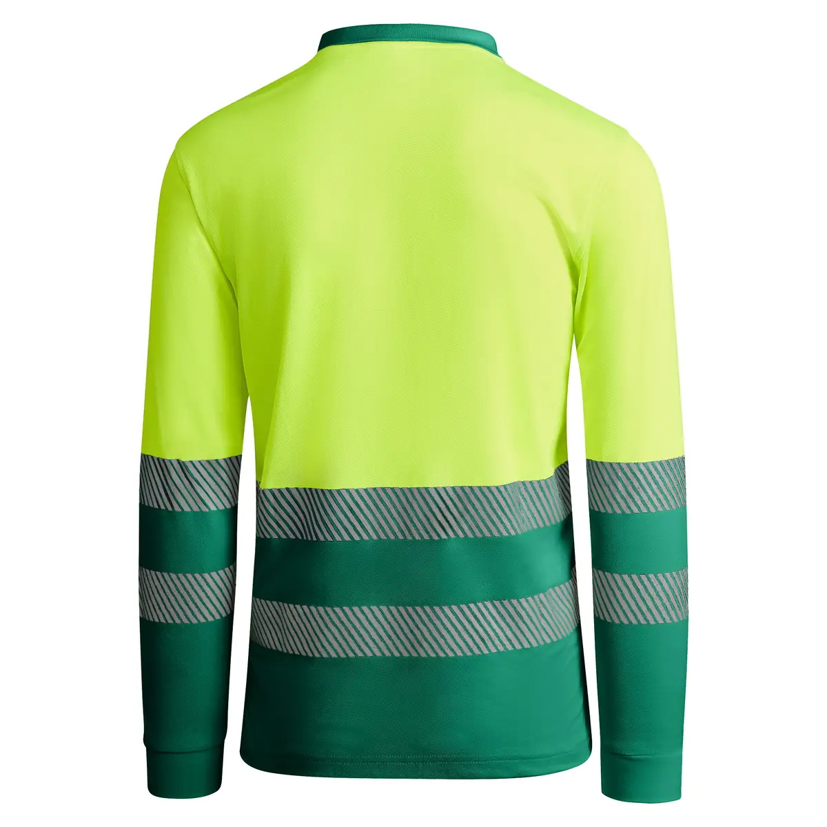 Polo alta visibilidad manga larga Roly ATRIO LS 20 Polo Roly ATRIO LS en verde jardín y amarillo flúor de manga larga, vista trasera