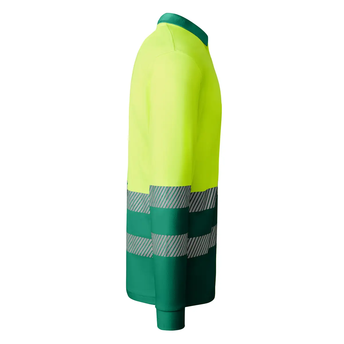 Polo alta visibilidad manga larga Roly ATRIO LS 19 Polo Roly ATRIO LS en verde jardín y amarillo flúor de manga larga, vista lateral opuesta