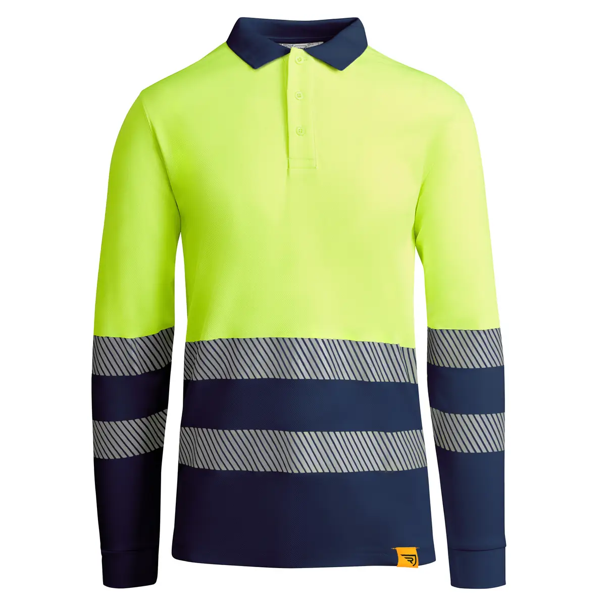 Polo alta visibilidad manga larga Roly ATRIO LS 21 Polo Roly ATRIO LS en azul marino y amarillo flúor de manga larga, vista frontal