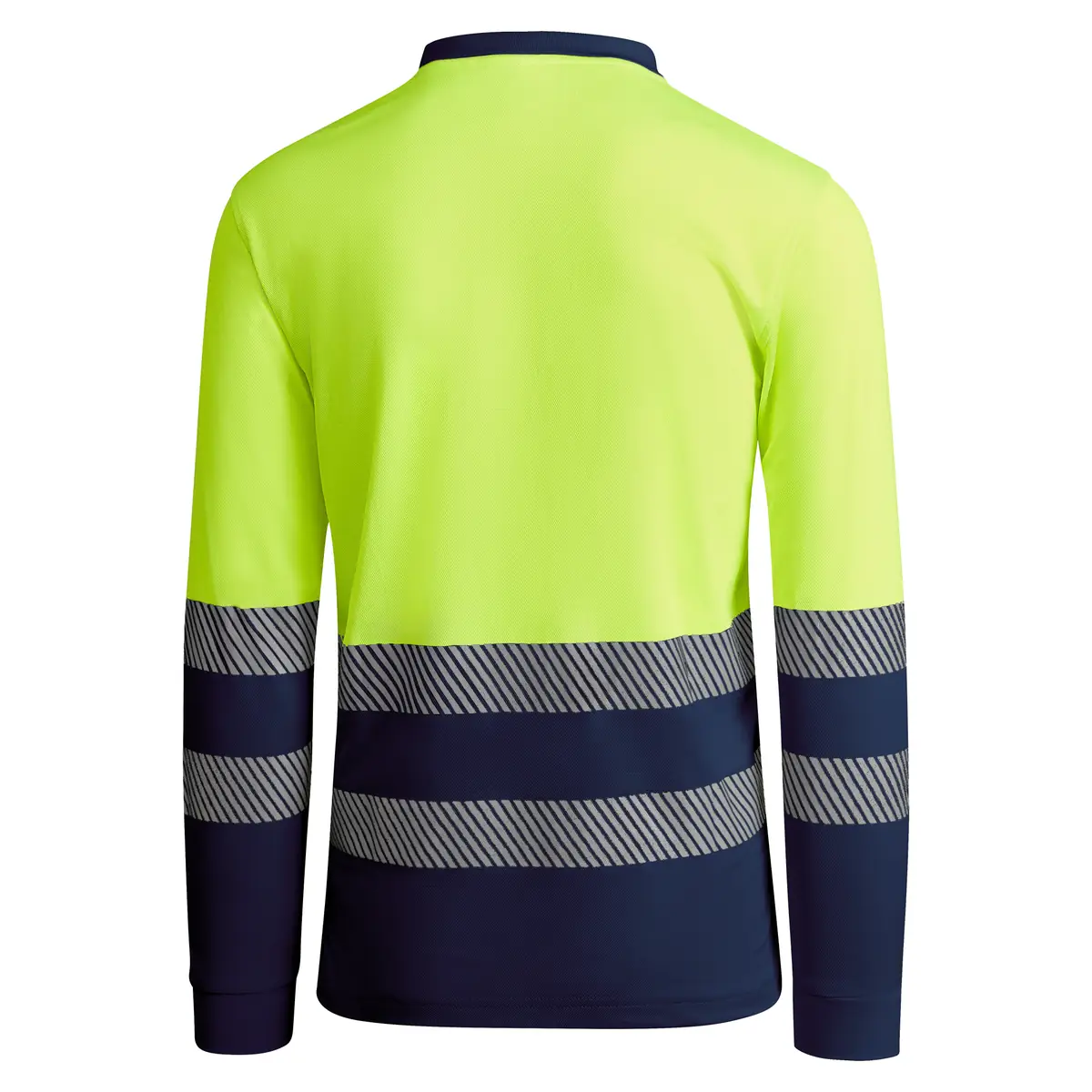 Polo alta visibilidad manga larga Roly ATRIO LS 24 Polo Roly ATRIO LS en azul marino y amarillo flúor de manga larga, vista trasera