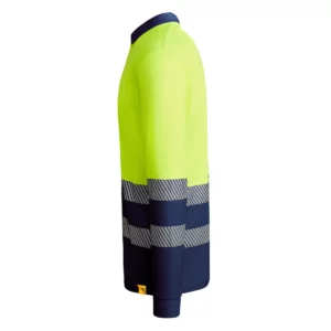 Polo Roly ATRIO LS en azul marino y amarillo flúor de manga larga, vista lateral