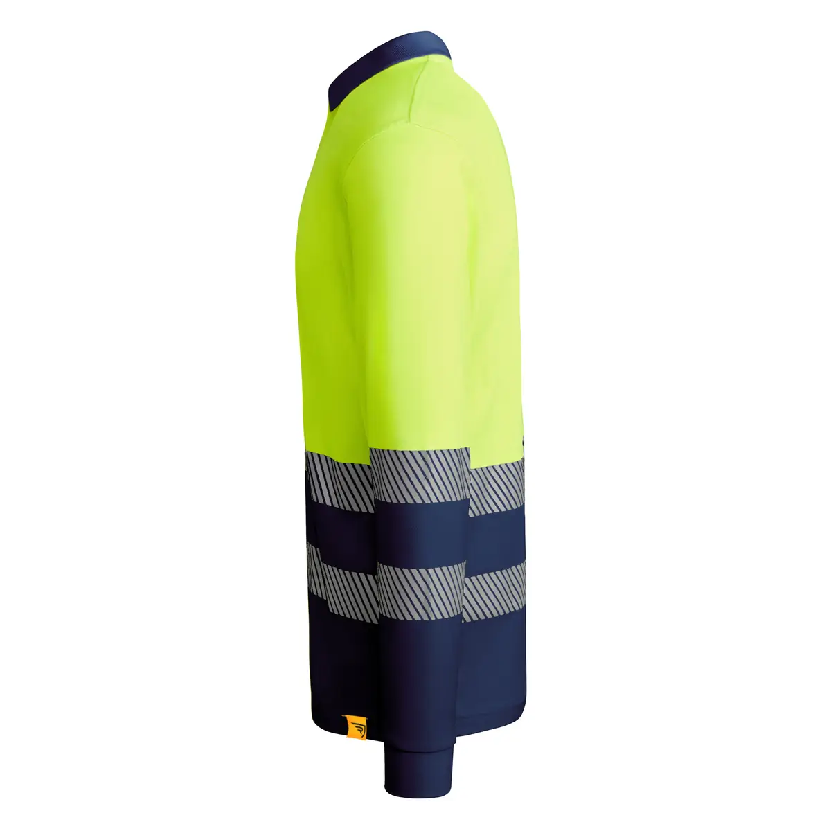 Polo alta visibilidad manga larga Roly ATRIO LS 22 Polo Roly ATRIO LS en azul marino y amarillo flúor de manga larga, vista lateral