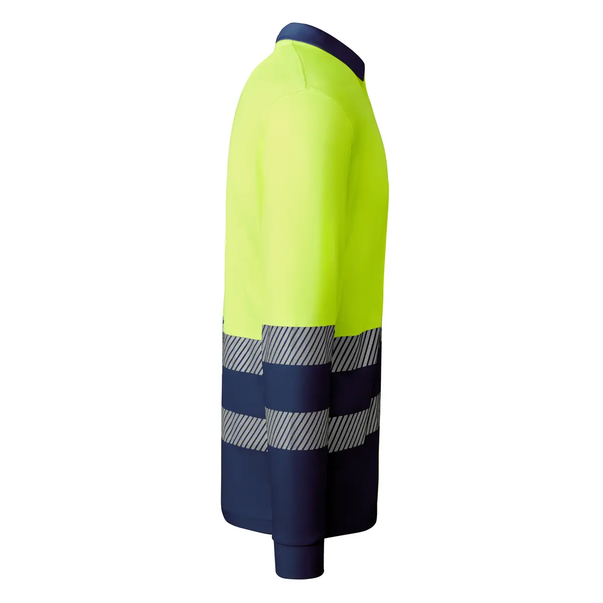 Polo alta visibilidad manga larga Roly ATRIO LS 23 Polo Roly ATRIO LS en azul marino y amarillo flúor de manga larga, vista lateral opuesta