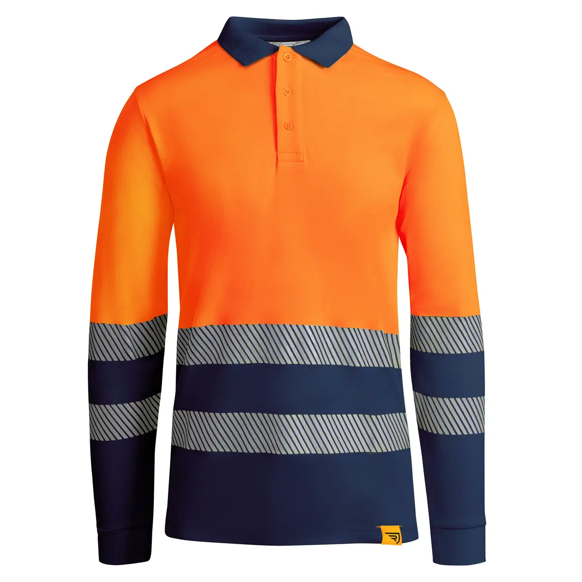 Polo alta visibilidad manga larga Roly ATRIO LS 25 Polo Roly ATRIO LS en azul marino y naranja flúor de manga larga, vista frontal