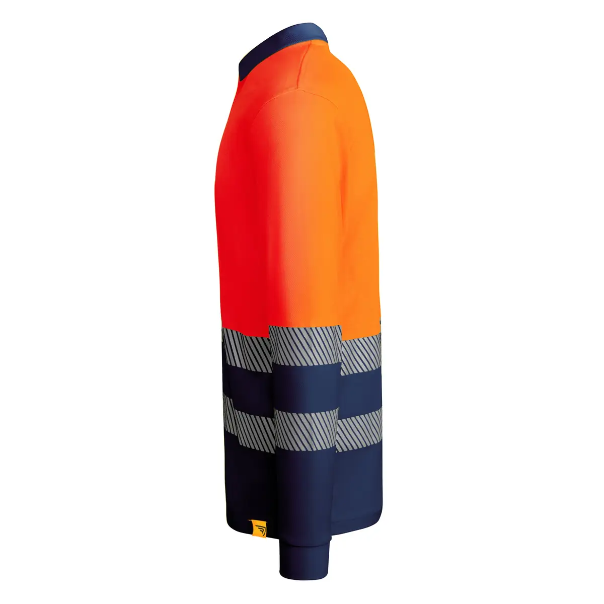 Polo alta visibilidad manga larga Roly ATRIO LS 26 Polo Roly ATRIO LS en azul marino y naranja flúor de manga larga, vista lateral