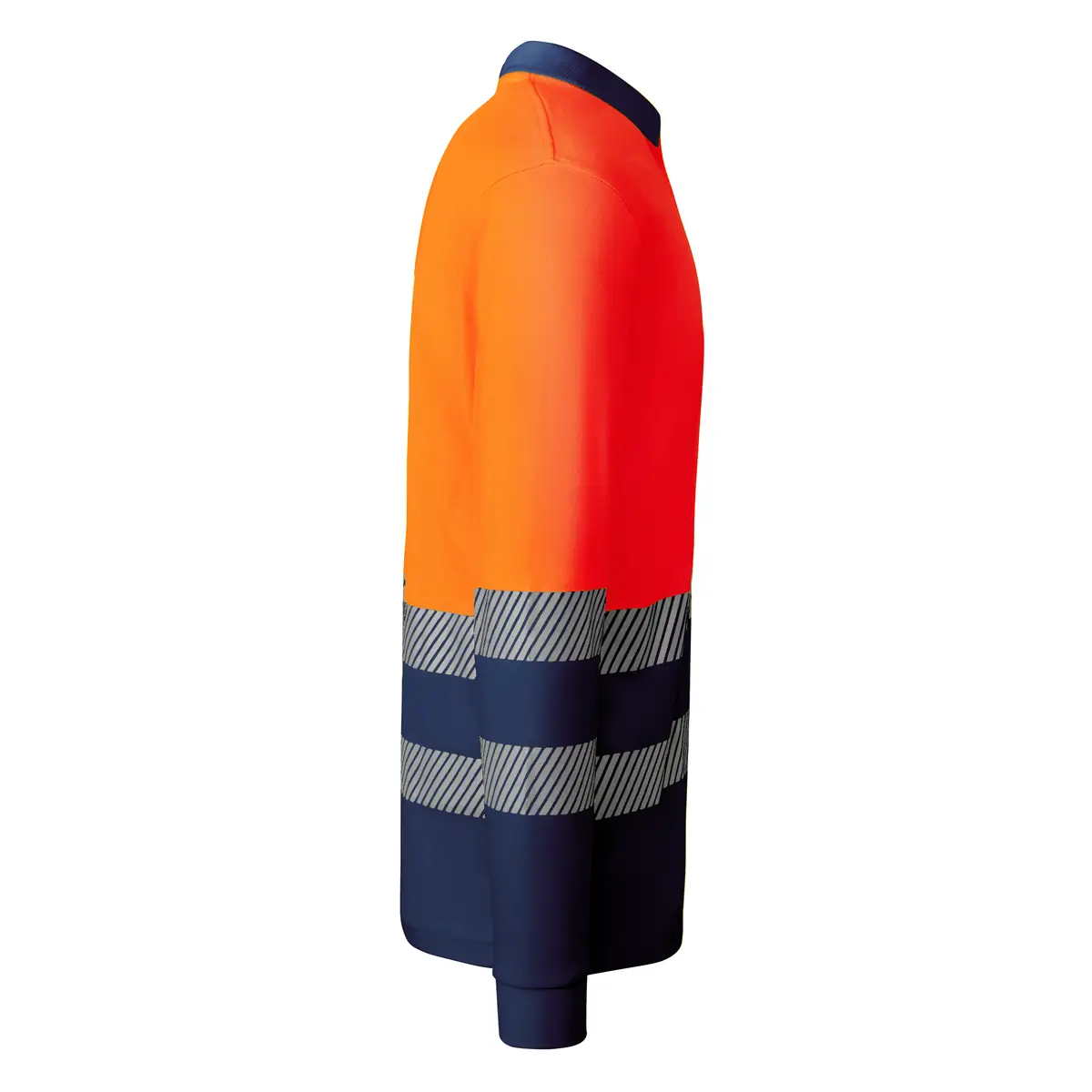 Polo alta visibilidad manga larga Roly ATRIO LS 27 Polo Roly ATRIO LS en azul marino y naranja flúor de manga larga, vista lateral opuesta