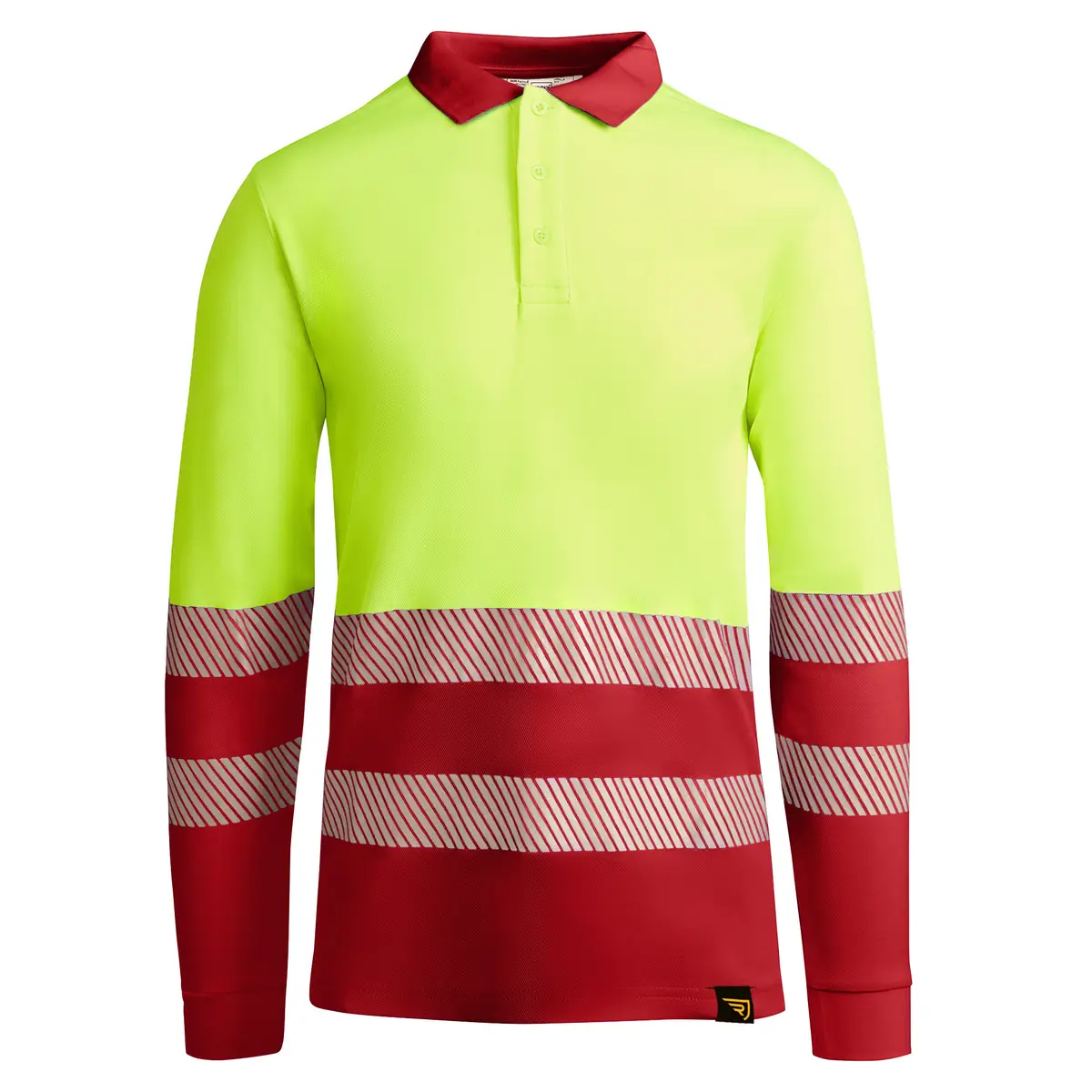 Polo alta visibilidad manga larga Roly ATRIO LS 29 Polo Roly ATRIO LS en rojo laboral y amarillo flúor de manga larga, vista frontal