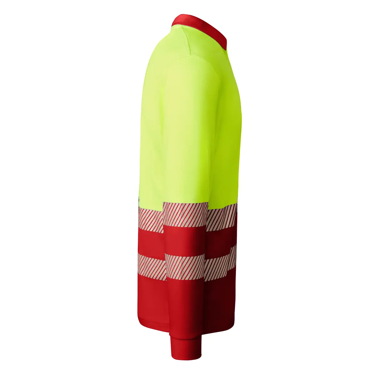 Polo alta visibilidad manga larga Roly ATRIO LS 31 Polo Roly ATRIO LS en rojo laboral y amarillo flúor de manga larga, vista lateral opuesta