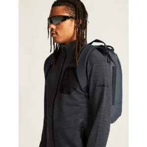 Chaqueta hombre CRAFT PRO EXPLORE WOOL MIDLAYER 1913800, Negro marengo, con modelo, detalle de cuello y hombro