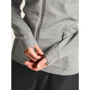 Chaqueta mujer CRAFT PRO EXPLORE WOOL MIDLAYER 1913801, Gris marengo, con modelo, detalle de puños
