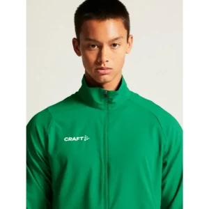 Chaqueta hombre CRAFT RUSH 2.0 TRAINING JACKET 1914672, Team green, con modelo, detalle del cuello y pecho