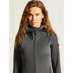Chaqueta polar mujer CRAFT EXPLORE POWER FLEECE 1915241, Granite, con modelo, detalle de cuello y pecho